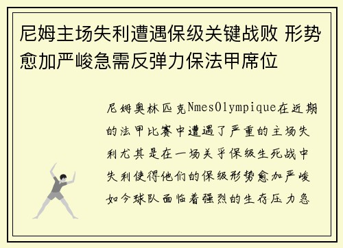 尼姆主场失利遭遇保级关键战败 形势愈加严峻急需反弹力保法甲席位