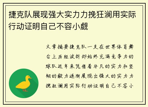 捷克队展现强大实力力挽狂澜用实际行动证明自己不容小觑