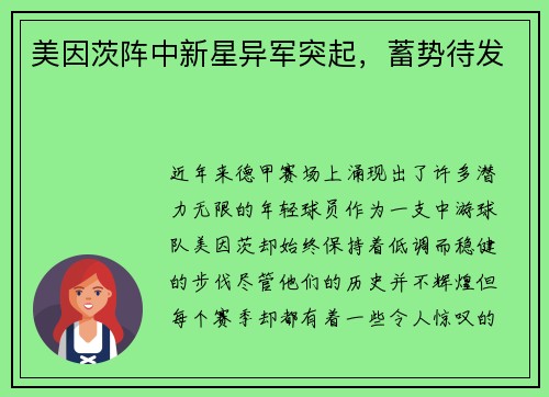 美因茨阵中新星异军突起，蓄势待发
