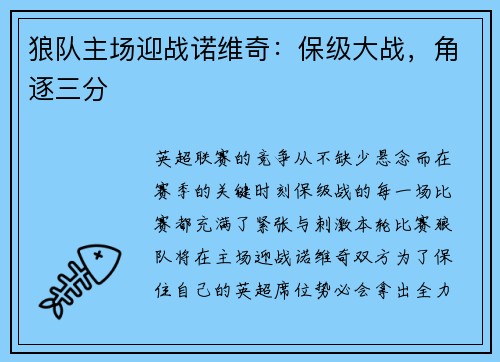 狼队主场迎战诺维奇：保级大战，角逐三分