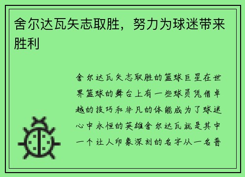 舍尔达瓦矢志取胜，努力为球迷带来胜利
