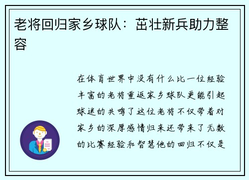 老将回归家乡球队：茁壮新兵助力整容