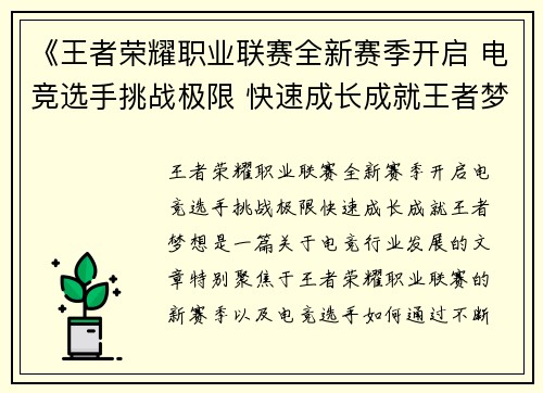 《王者荣耀职业联赛全新赛季开启 电竞选手挑战极限 快速成长成就王者梦想》